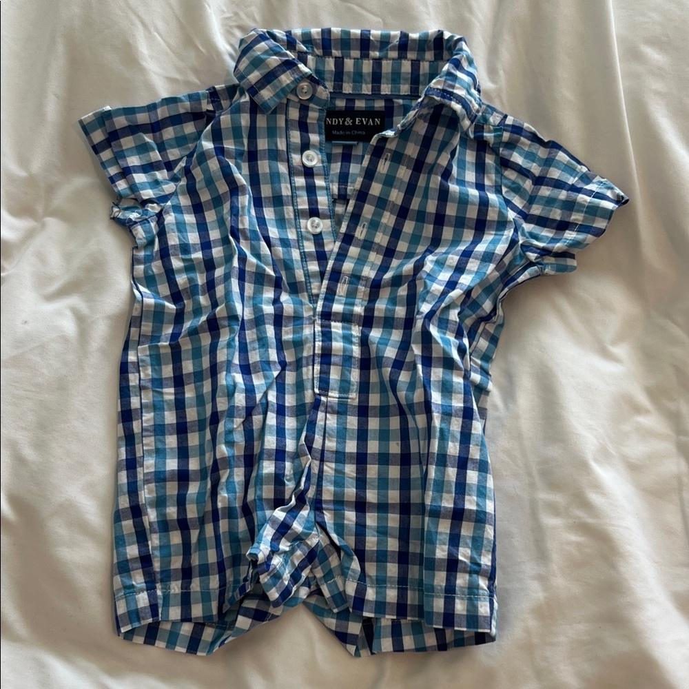 Andy & Evan 3-6 Month Blue and White Check Short-Sleeve Button-Down Romper